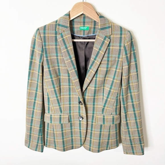 United Colors of Benetton Green Windowpane Plaid Wool Double Breasted Blazer - Picture 2 of 7